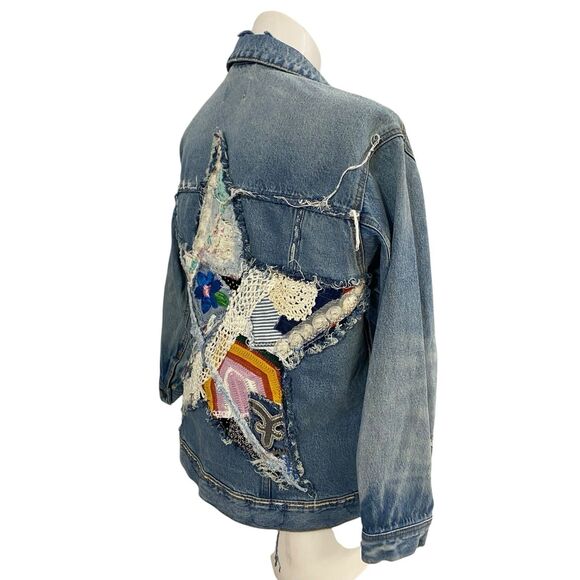 Upcycled Denim Jacket Womens Large Star Boho Grunge Patchwork Folk Art Coachella - Picture 7 of 14